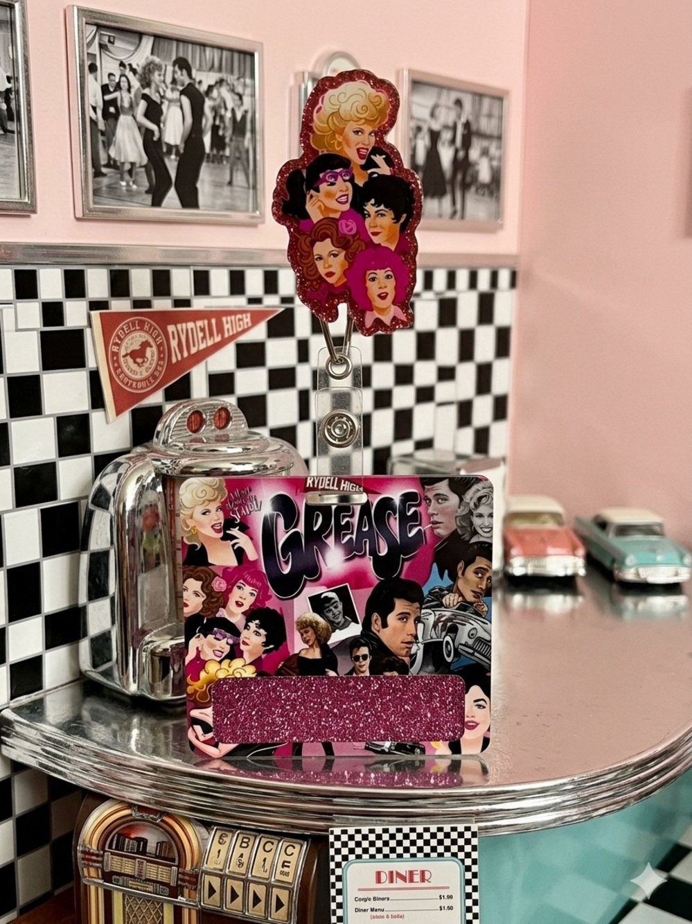 Grease Rydell High Pink Glitter Badge Reel and Cardholder